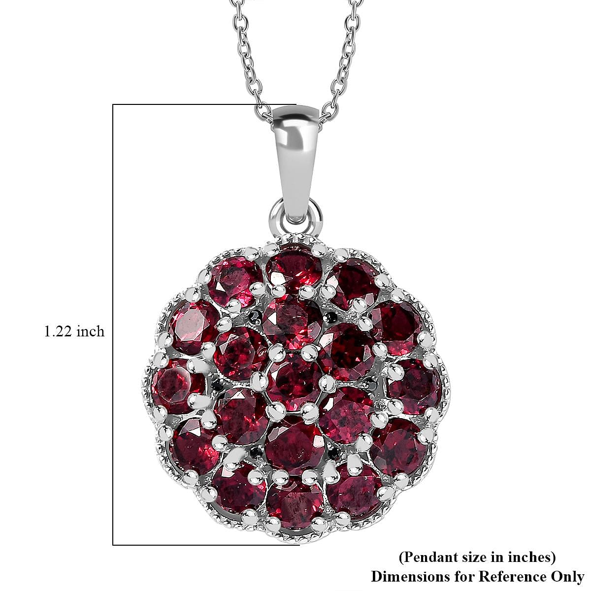 Orissa Rhodolite Garnet and Thai Black Spinel Mums Flower Pendant Necklace 20 Inches in Rhodium Over Sterling Silver 6.10 ctw
