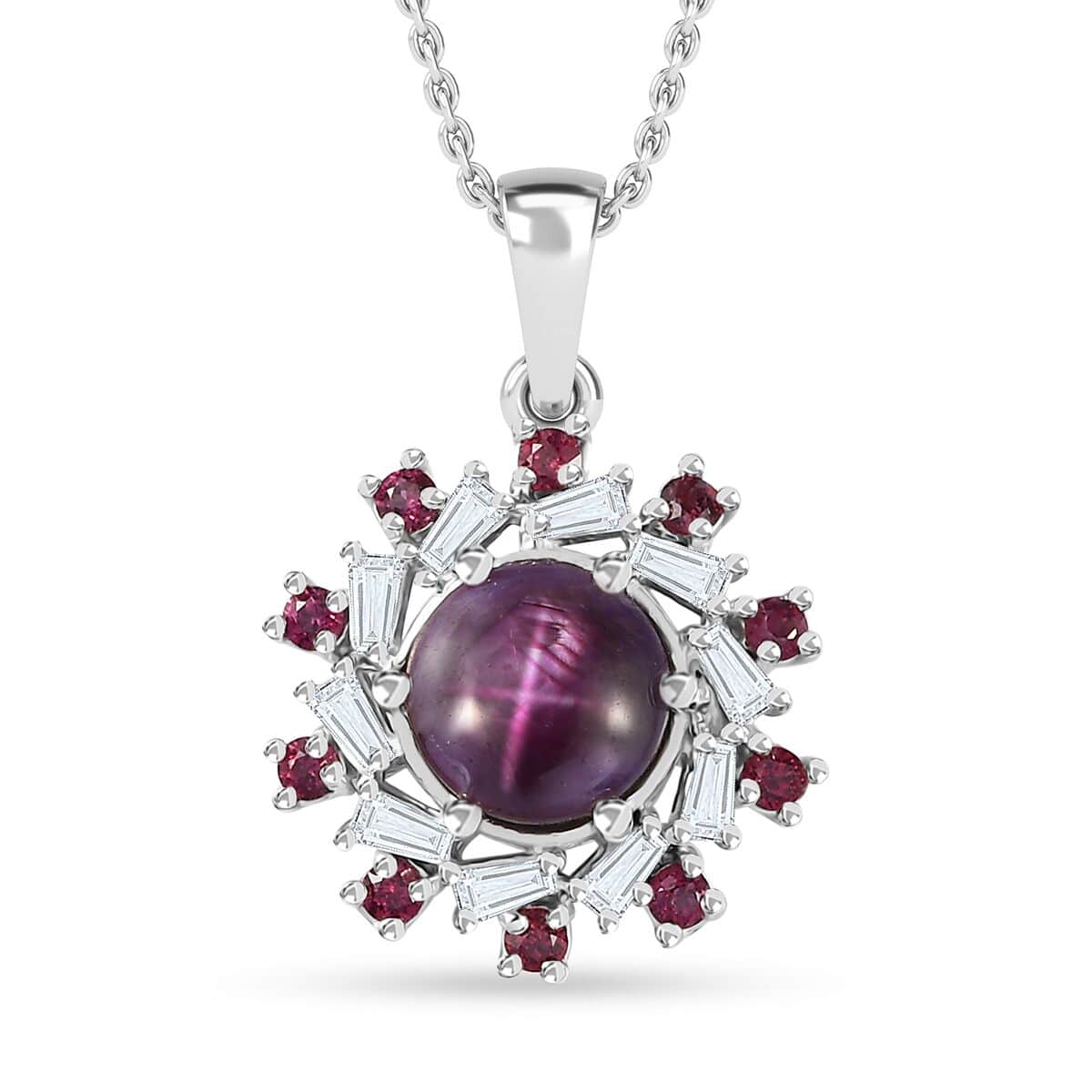 Indian Star Ruby and Multi Gemstone Galaxy Pendant Necklace 20 Inches in Rhodium Over Sterling Silver 4.15 ctw image number 0