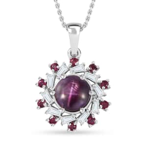 Indian Star Ruby and Multi Gemstone Galaxy Pendant Necklace 20 Inches in Rhodium Over Sterling Silver 4.15 ctw