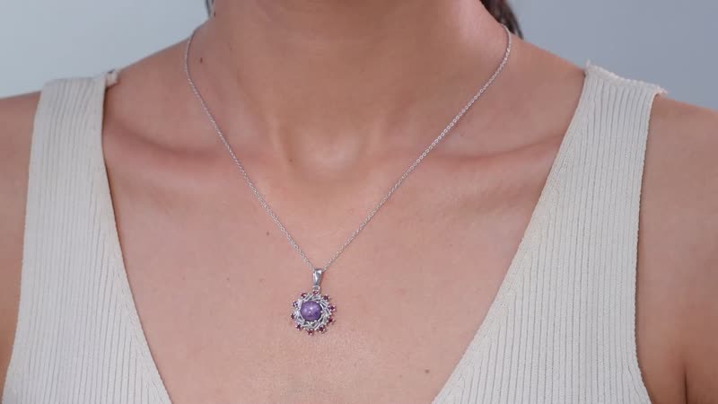 Indian Star Ruby and Multi Gemstone Galaxy Pendant Necklace 20 Inches in Rhodium Over Sterling Silver 4.15 ctw