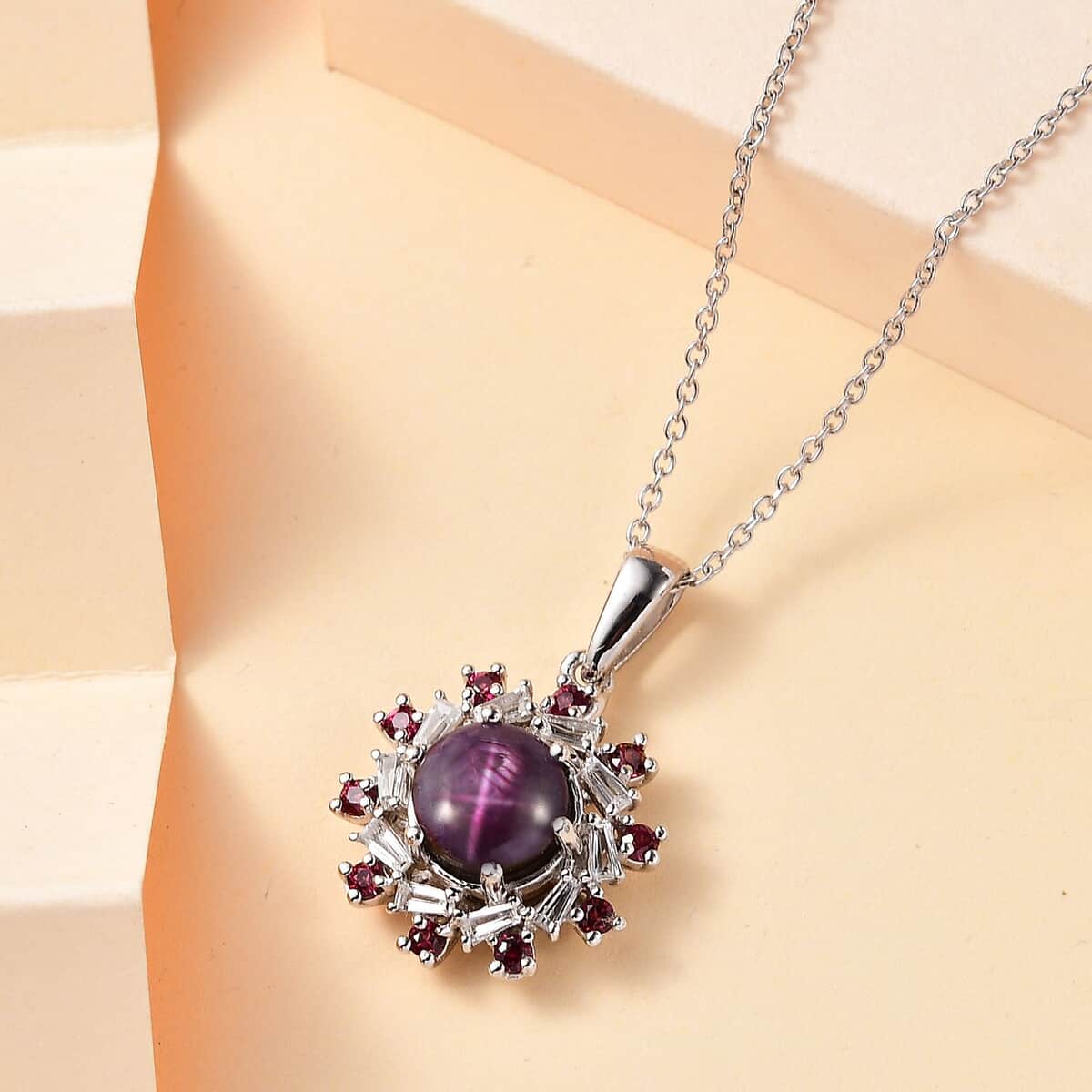 Indian Star Ruby and Multi Gemstone Galaxy Pendant Necklace 20 Inches in Rhodium Over Sterling Silver 4.15 ctw image number 1