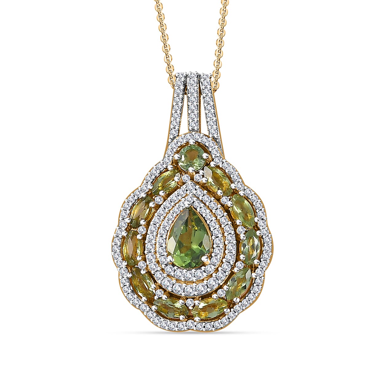 Andranomaro Green Apatite and Moissanite Palm Tree Pendant Necklace 20 Inches in 18K Vermeil Yellow Gold Over Sterling Silver 2.40 ctw image number 0