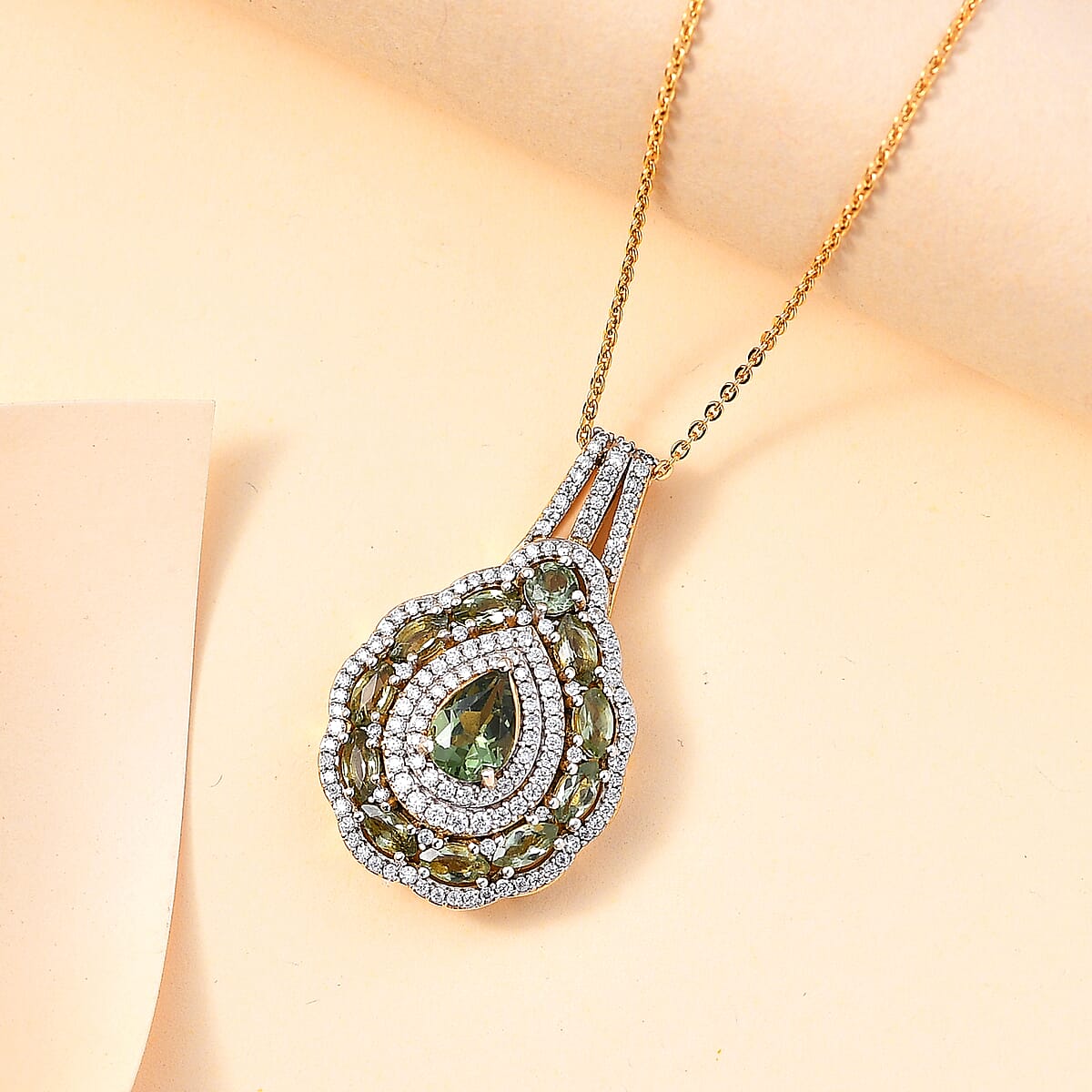 Andranomaro Green Apatite and Moissanite Palm Tree Pendant Necklace 20 Inches in 18K Vermeil Yellow Gold Over Sterling Silver 2.40 ctw image number 1