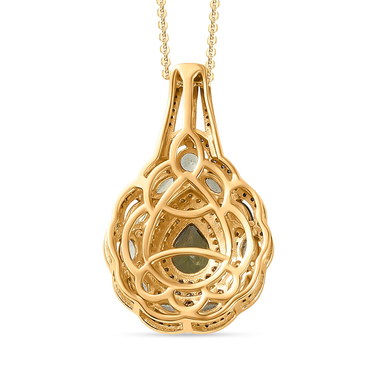 Andranomaro Green Apatite and Moissanite Palm Tree Pendant Necklace 20 Inches in 18K Vermeil Yellow Gold Over Sterling Silver 2.40 ctw