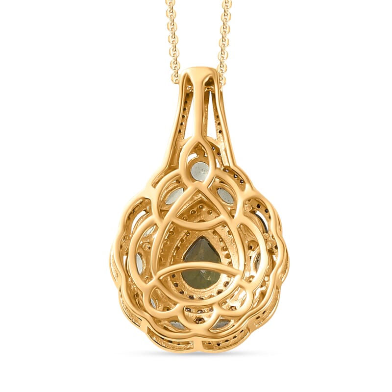 Andranomaro Green Apatite and Moissanite Palm Tree Pendant Necklace 20 Inches in 18K Vermeil Yellow Gold Over Sterling Silver 2.40 ctw