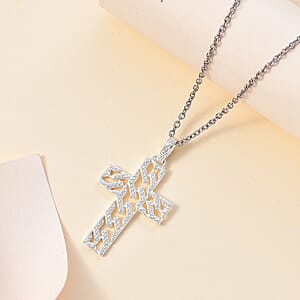 Diamond Accent Cross Pendant in Platinum Bond with Stainless Steel Necklace 20 Inches