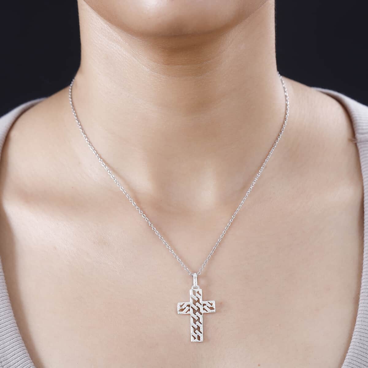 Diamond Accent Cross Pendant in Platinum Bond with Stainless Steel Necklace 20 Inches image number 2