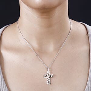 Diamond Accent Cross Pendant in Platinum Bond with Stainless Steel Necklace 20 Inches