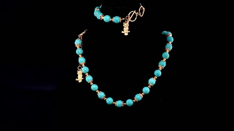 Blue Howlite 320.00 ctw Beaded Bracelet (6.50-8.00In) and Necklace 18-20 Inches with Owl Charm in Goldtone