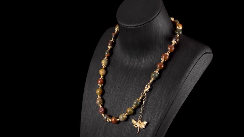 Picasso Jasper 320.00 ctw Beaded Bracelet (6.50-8.00In) and Necklace 18-20 Inches with Dragonfly Charm in Goldtone