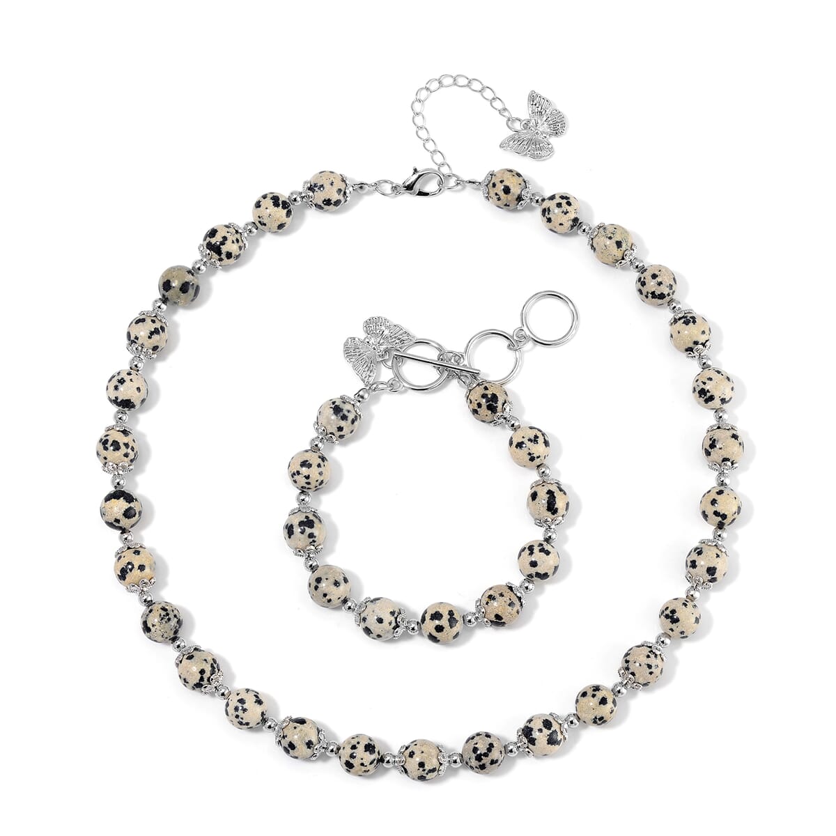 Dalmation Jasper 320.00 ctw Beaded Bracelet (6.50-8.00In) and Necklace 18 Inches with Butterfly Charm in Silvertone image number 0