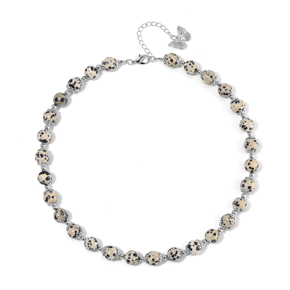 Dalmation Jasper 320.00 ctw Beaded Bracelet (6.50-8.00In) and Necklace 18 Inches with Butterfly Charm in Silvertone image number 3