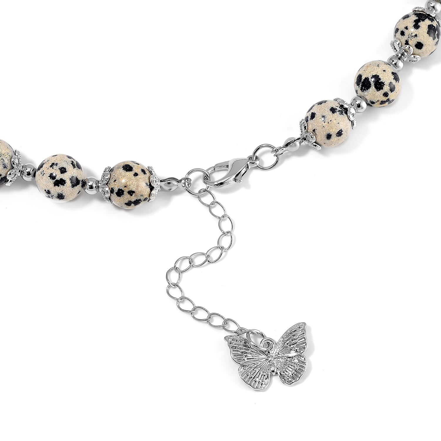 Dalmation Jasper 320.00 ctw Beaded Bracelet (6.50-8.00In) and Necklace 18 Inches with Butterfly Charm in Silvertone