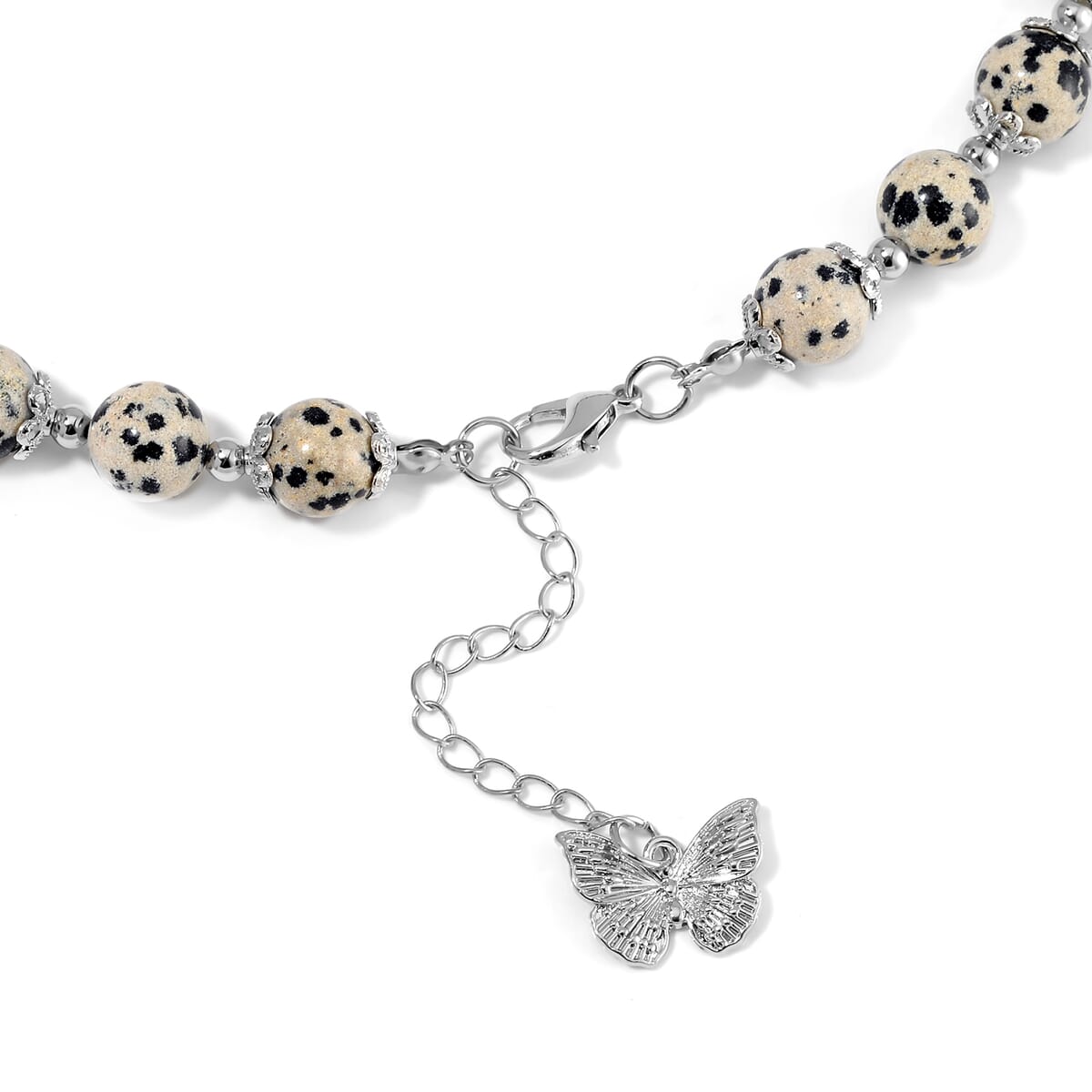 Dalmation Jasper 320.00 ctw Beaded Bracelet (6.50-8.00In) and Necklace 18 Inches with Butterfly Charm in Silvertone image number 4