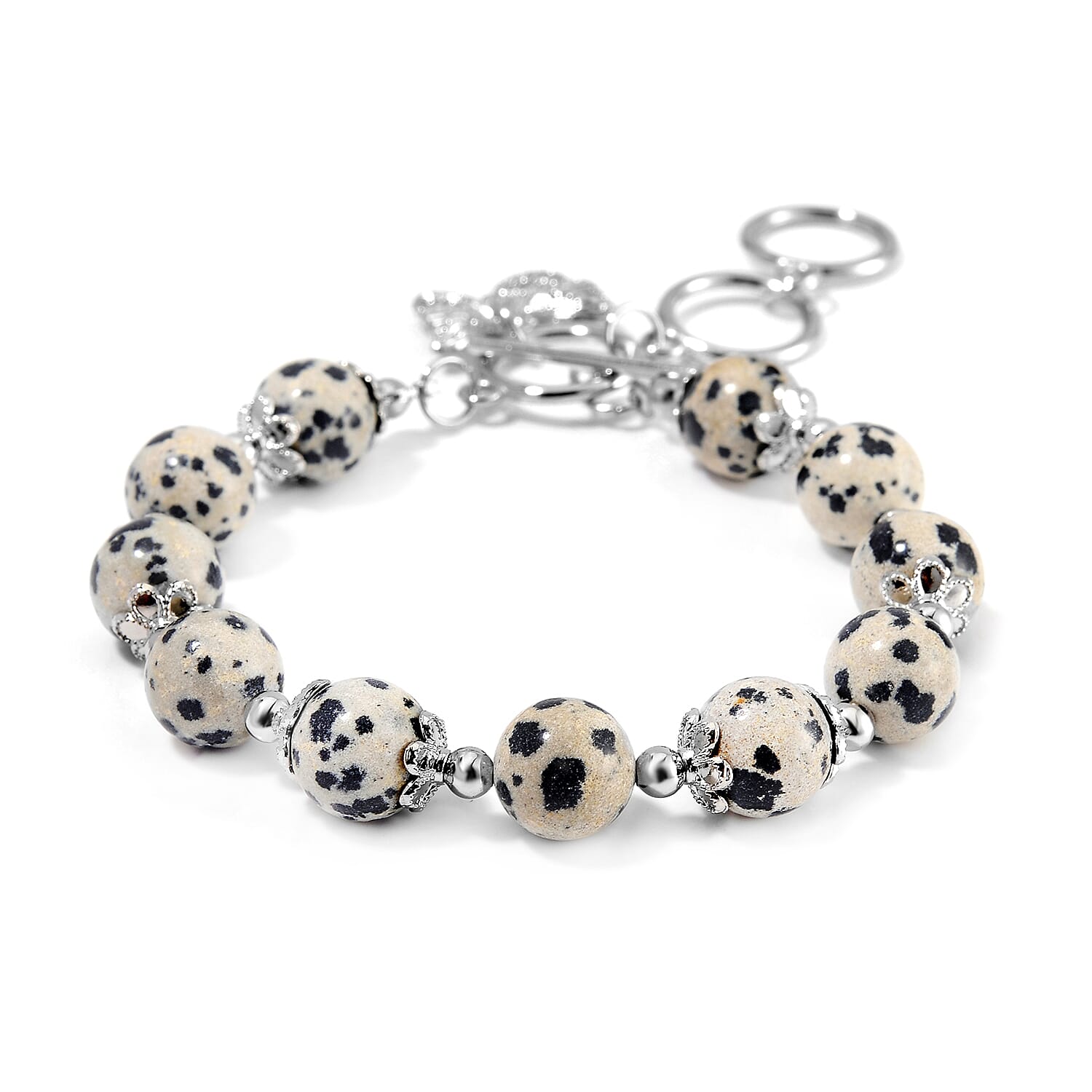 Dalmation Jasper 320.00 ctw Beaded Bracelet (6.50-8.00In) and Necklace 18 Inches with Butterfly Charm in Silvertone