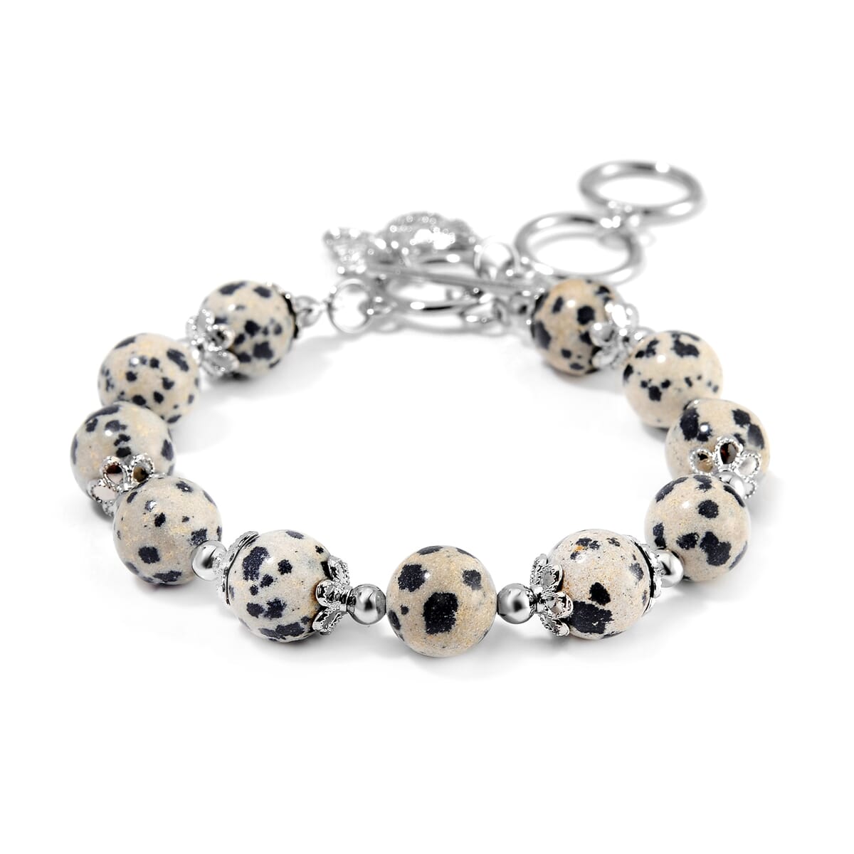 Dalmation Jasper 320.00 ctw Beaded Bracelet (6.50-8.00In) and Necklace 18 Inches with Butterfly Charm in Silvertone image number 5