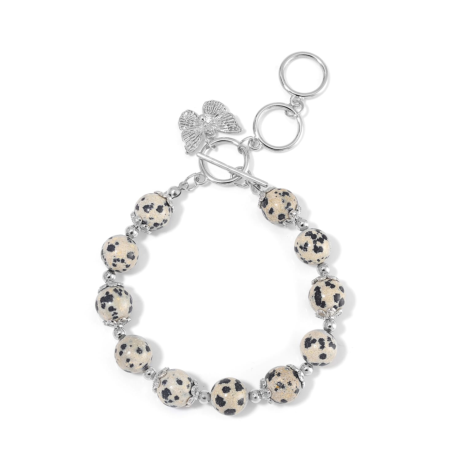 Dalmation Jasper 320.00 ctw Beaded Bracelet (6.50-8.00In) and Necklace 18 Inches with Butterfly Charm in Silvertone