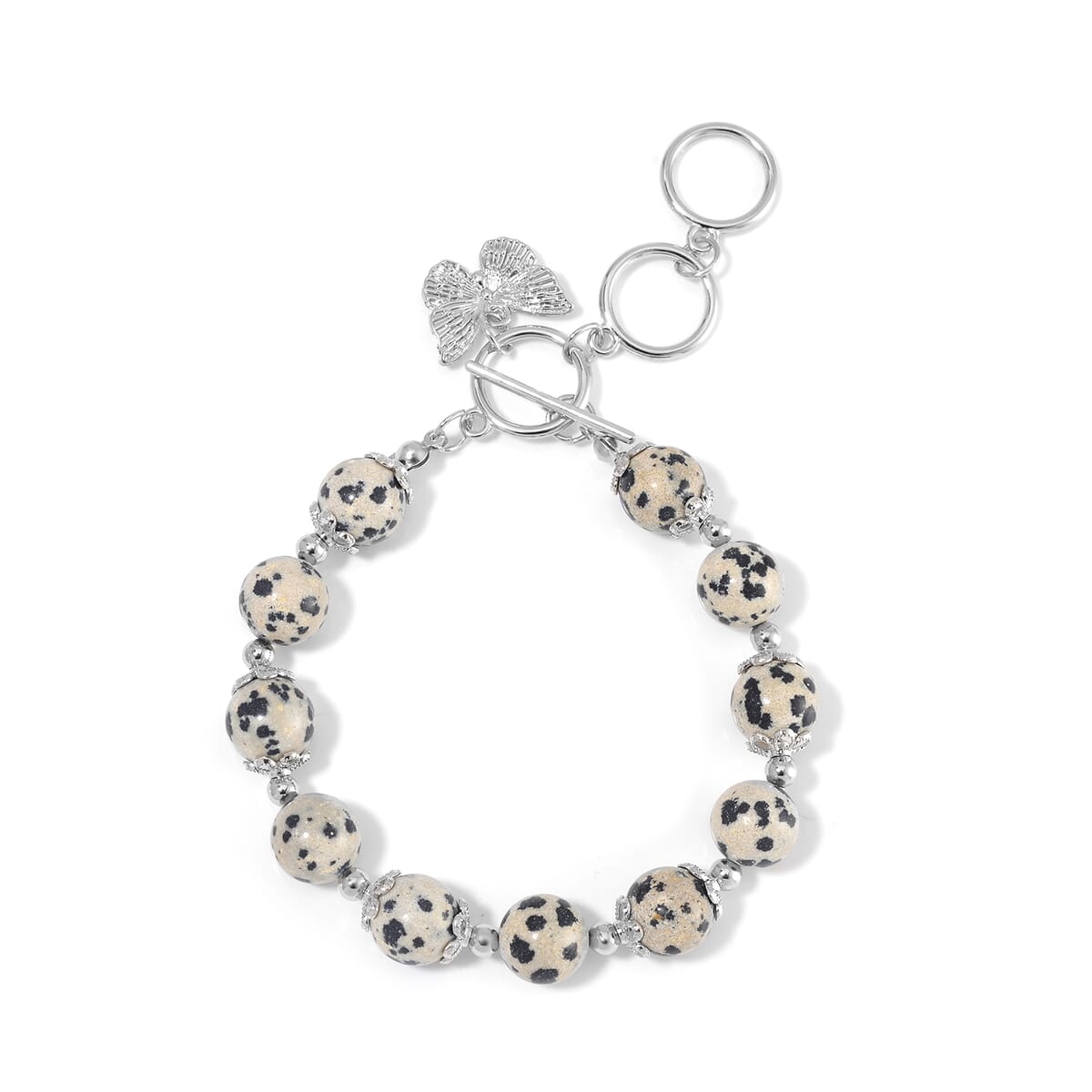 Dalmation Jasper 320.00 ctw Beaded Bracelet (6.50-8.00In) and Necklace 18 Inches with Butterfly Charm in Silvertone image number 6