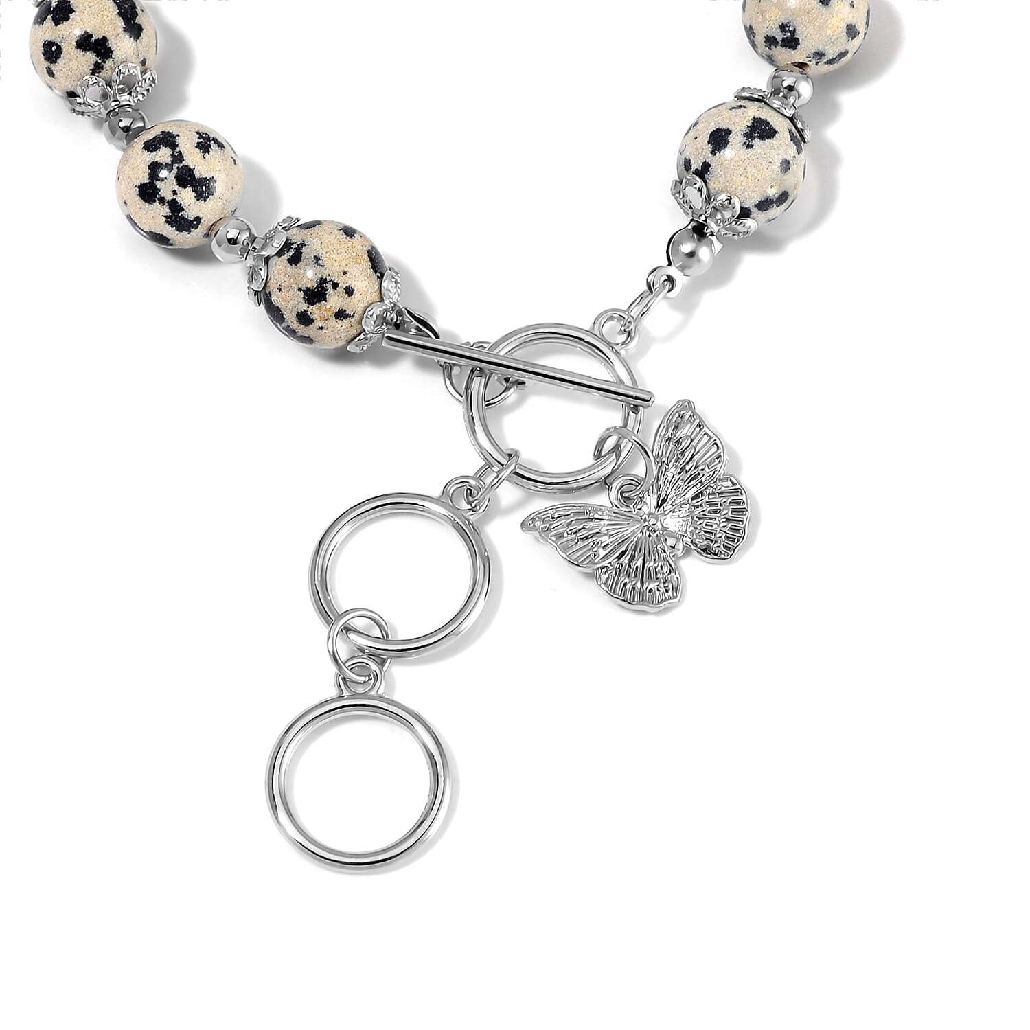 Dalmation Jasper 320.00 ctw Beaded Bracelet (6.50-8.00In) and Necklace 18 Inches with Butterfly Charm in Silvertone