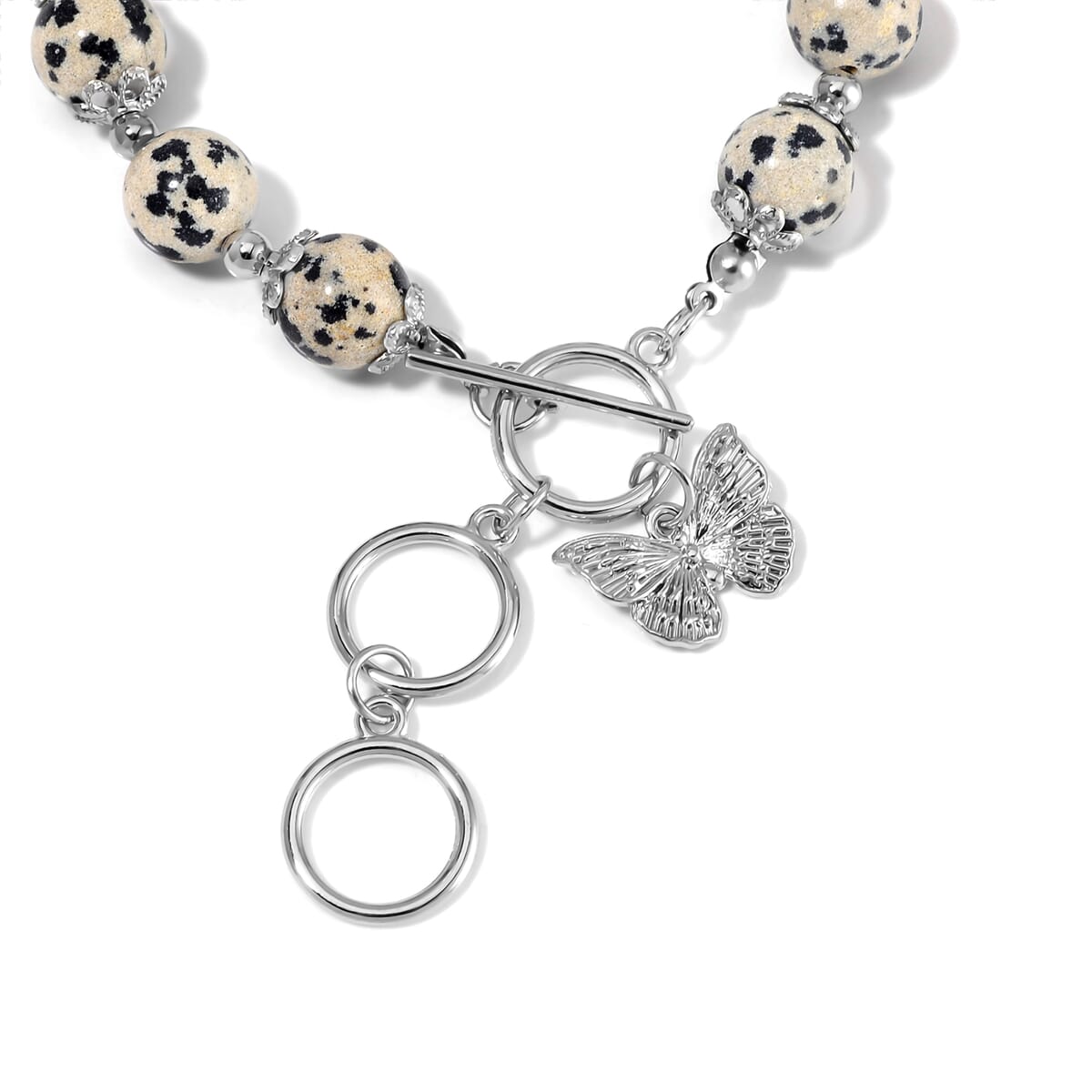 Dalmation Jasper 320.00 ctw Beaded Bracelet (6.50-8.00In) and Necklace 18 Inches with Butterfly Charm in Silvertone image number 7