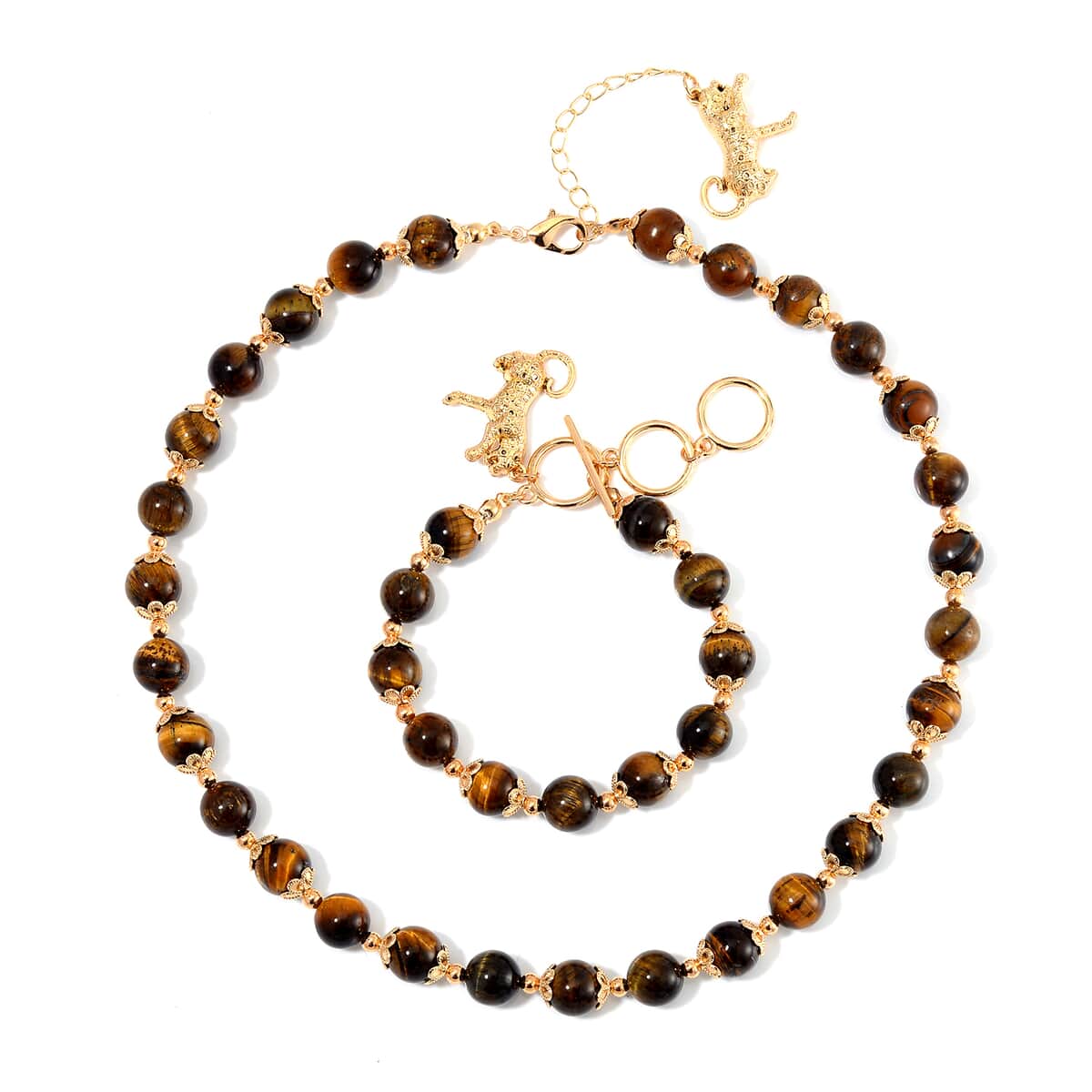 Yellow Tiger's Eye 320.00 ctw Beaded Bracelet (6.50-8.00In) and Necklace 18-20 Inches in with Leopard Charm Goldtone image number 0