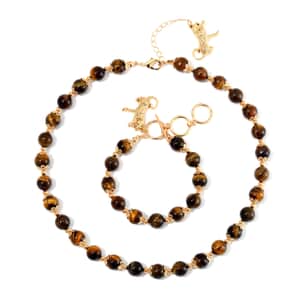 Yellow Tiger's Eye 320.00 ctw Beaded Bracelet (6.50-8.00In) and Necklace 18-20 Inches in with Leopard Charm Goldtone