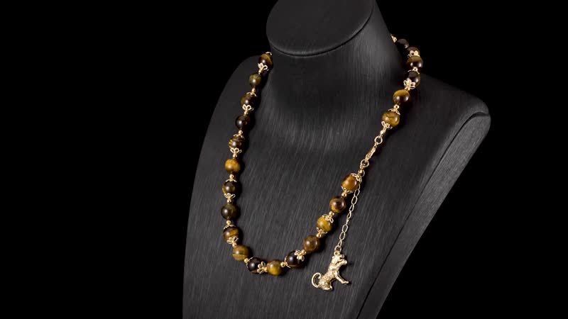 Yellow Tiger's Eye 320.00 ctw Beaded Bracelet (6.50-8.00In) and Necklace 18-20 Inches in with Leopard Charm Goldtone