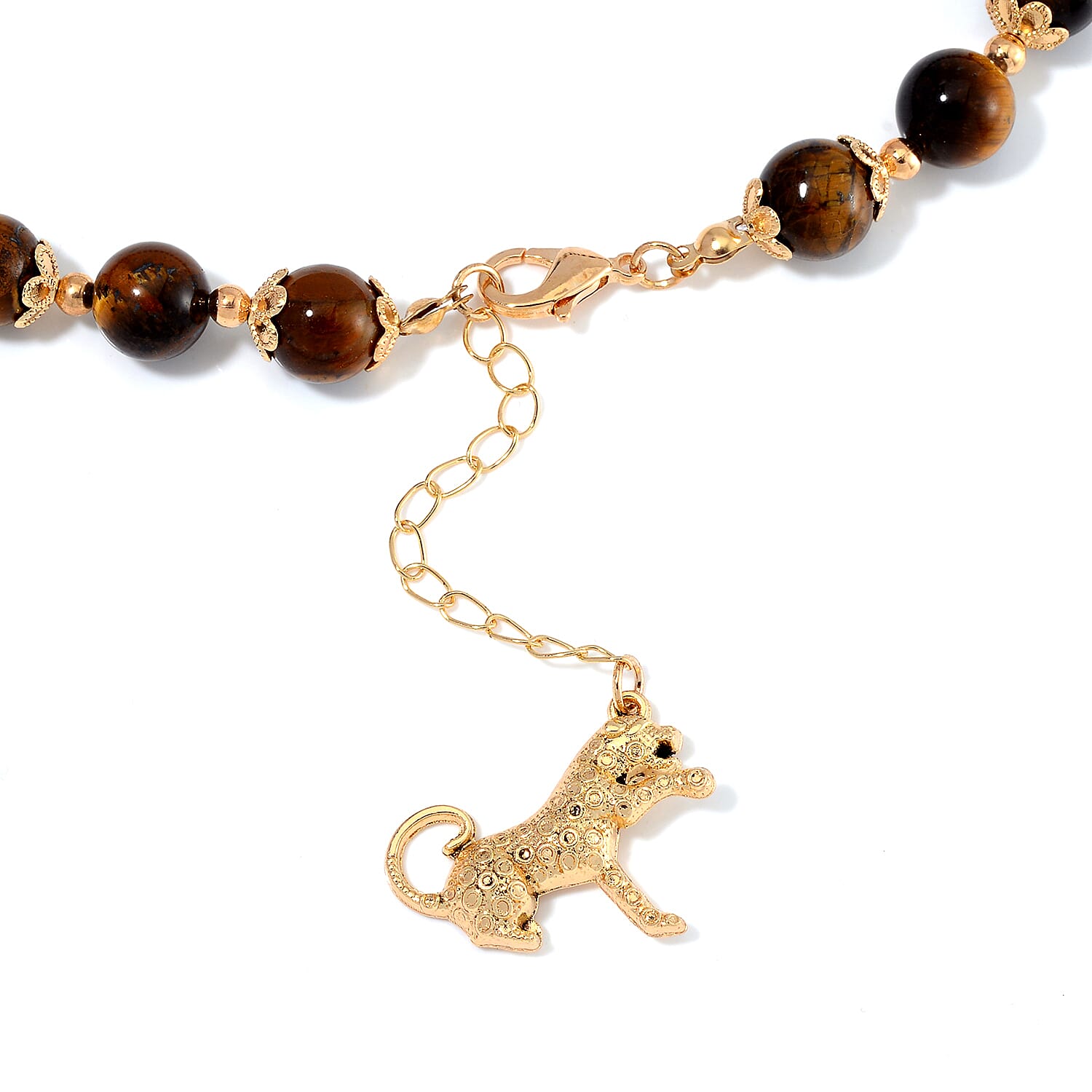 Yellow Tiger's Eye 320.00 ctw Beaded Bracelet (6.50-8.00In) and Necklace 18-20 Inches in with Leopard Charm Goldtone