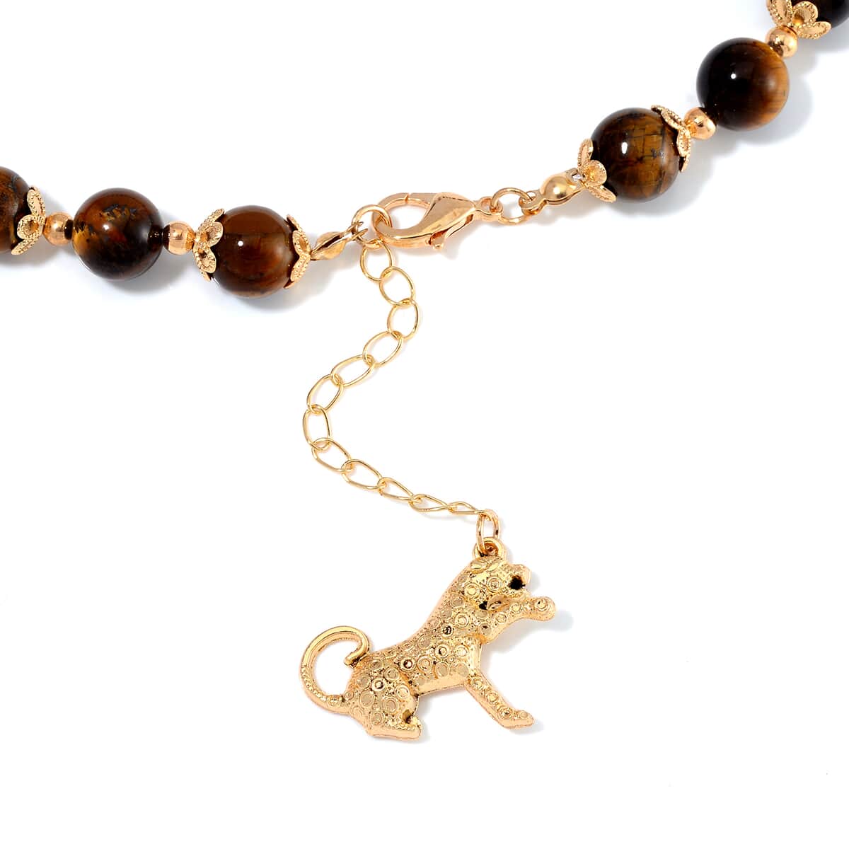 Yellow Tiger's Eye 320.00 ctw Beaded Bracelet (6.50-8.00In) and Necklace 18-20 Inches in with Leopard Charm Goldtone image number 3