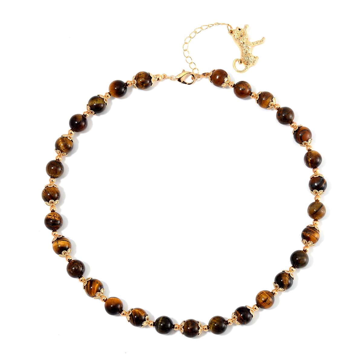 Yellow Tiger's Eye 320.00 ctw Beaded Bracelet (6.50-8.00In) and Necklace 18-20 Inches in with Leopard Charm Goldtone image number 4