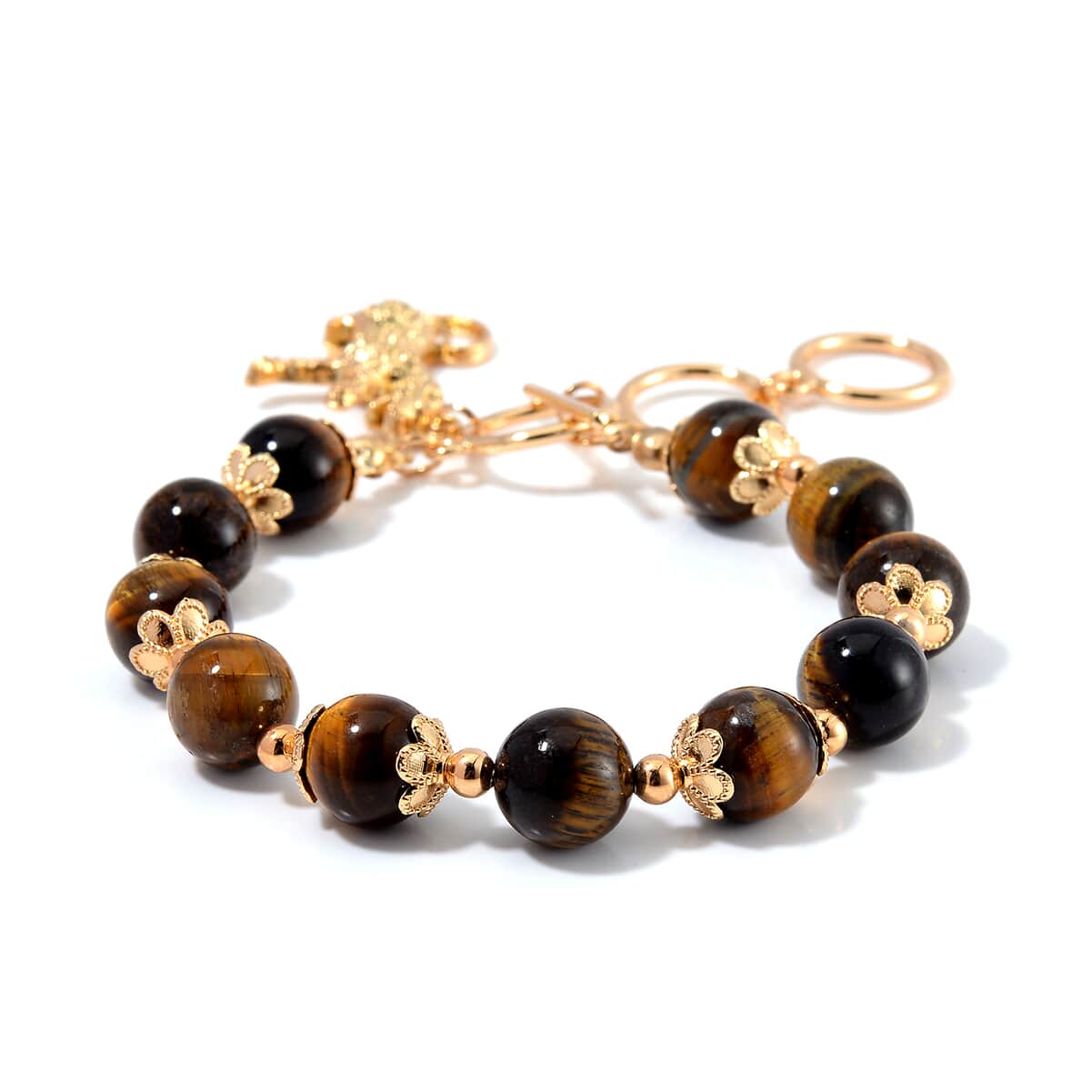 Yellow Tiger's Eye 320.00 ctw Beaded Bracelet (6.50-8.00In) and Necklace 18-20 Inches in with Leopard Charm Goldtone image number 5