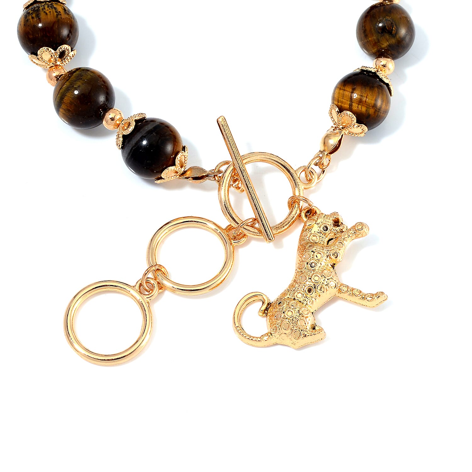 Yellow Tiger's Eye 320.00 ctw Beaded Bracelet (6.50-8.00In) and Necklace 18-20 Inches in with Leopard Charm Goldtone