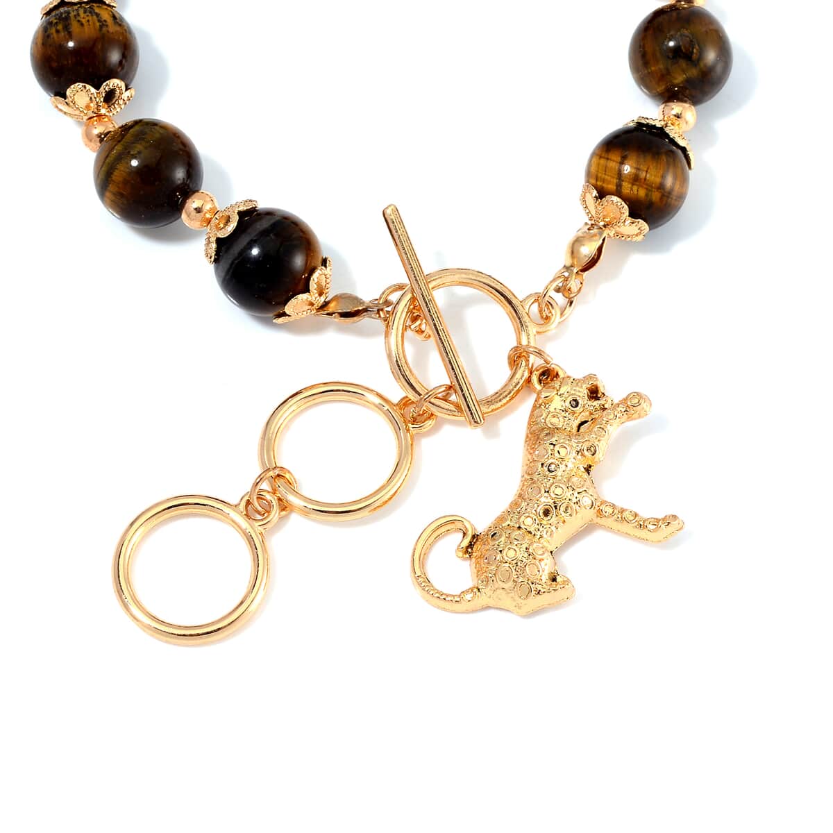 Yellow Tiger's Eye 320.00 ctw Beaded Bracelet (6.50-8.00In) and Necklace 18-20 Inches in with Leopard Charm Goldtone image number 6