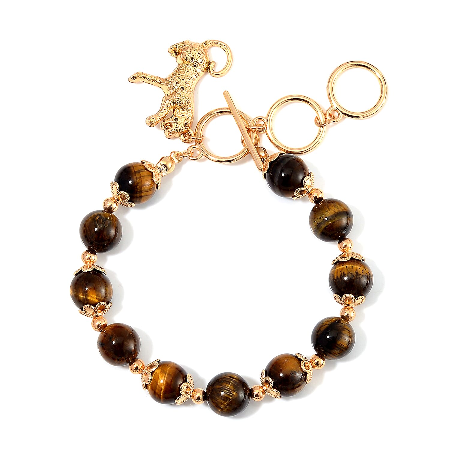 Yellow Tiger's Eye 320.00 ctw Beaded Bracelet (6.50-8.00In) and Necklace 18-20 Inches in with Leopard Charm Goldtone
