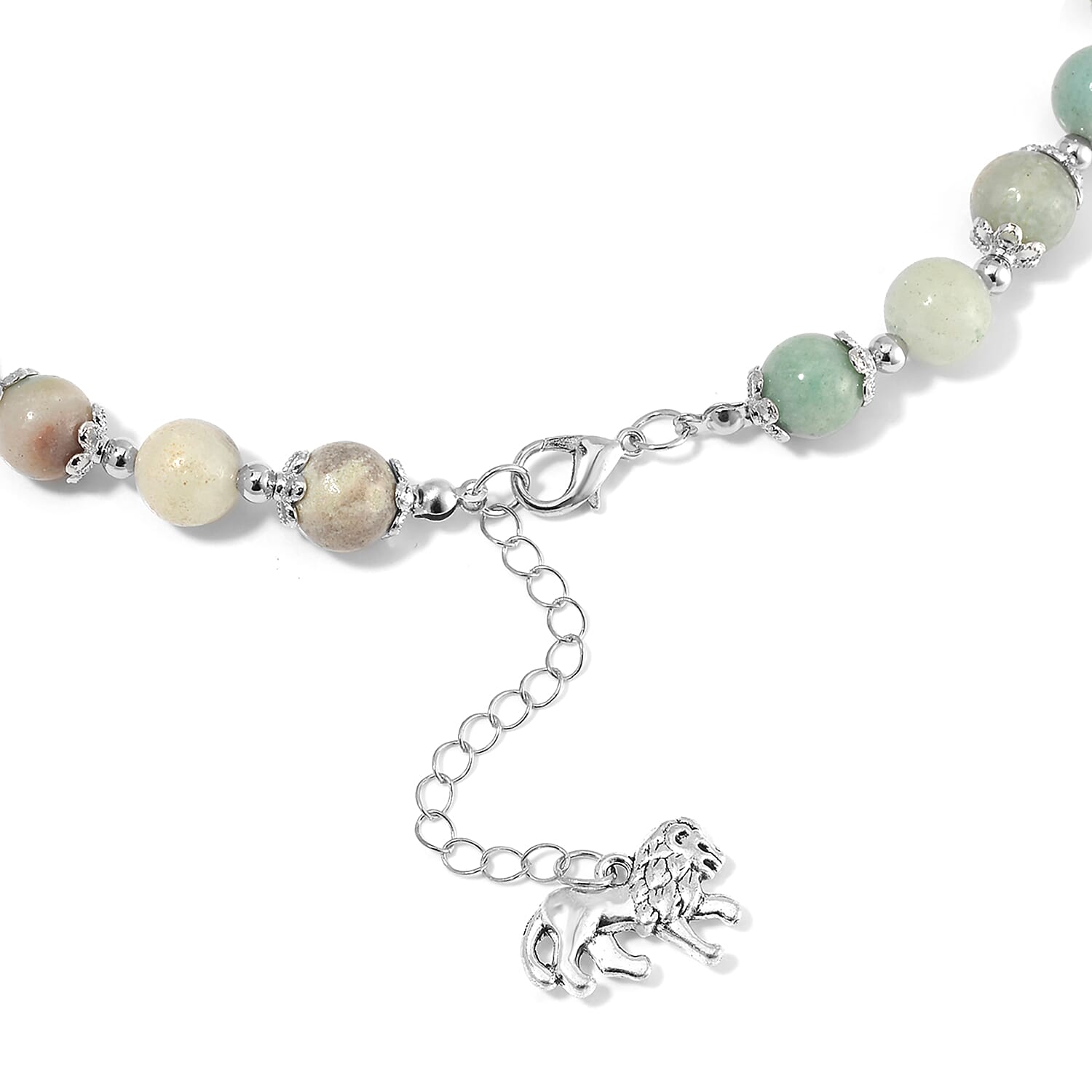 Multi Amazonite 320.00 ctw Beaded Bracelet (6.50-8.00In) and Necklace 18-20 Inches with Lion Charm in Silvertone
