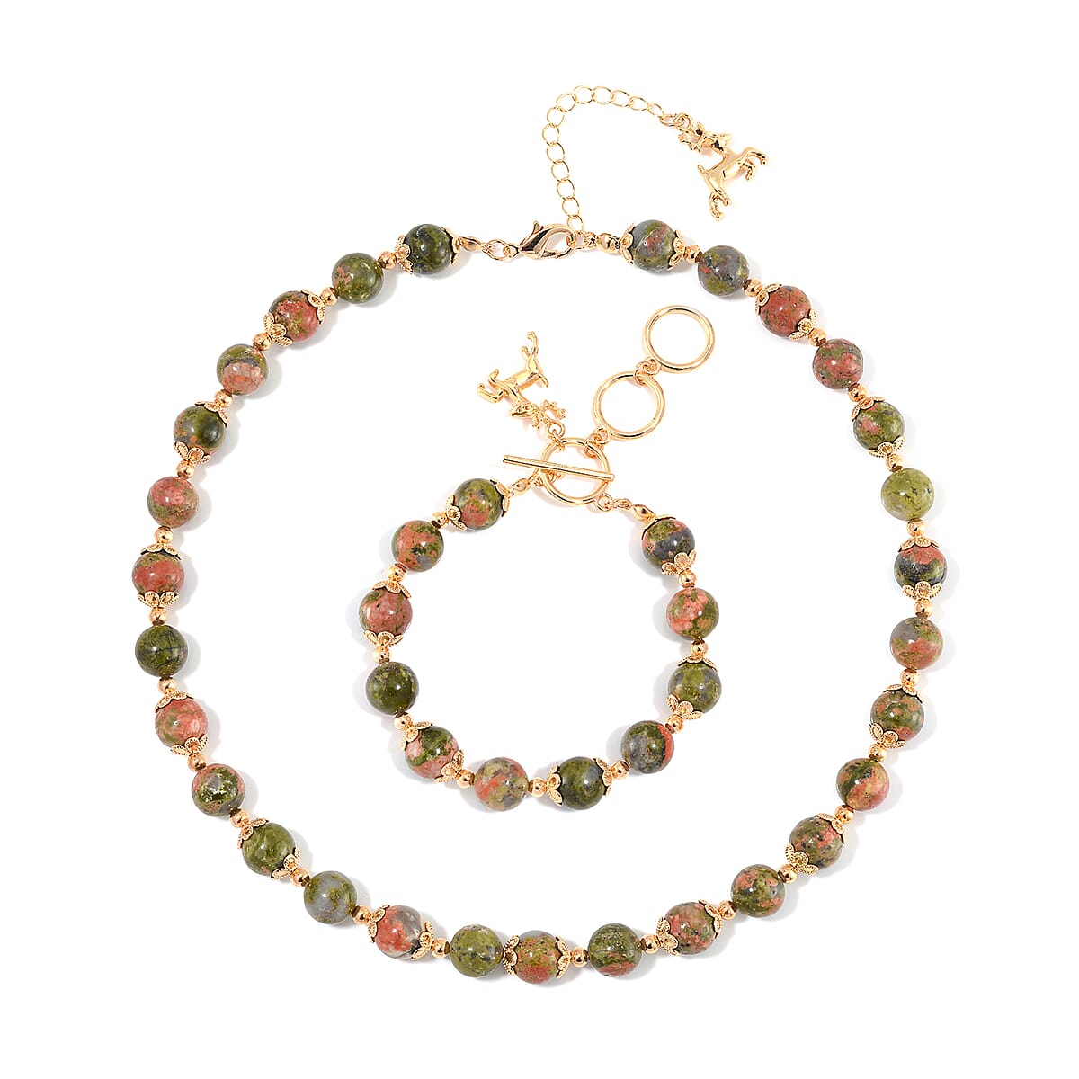 Unakite 320.00 ctw Beaded Bracelet (6.50-8.00In) and Necklace 18-20 Inches with Deer Charm in Goldtone image number 0