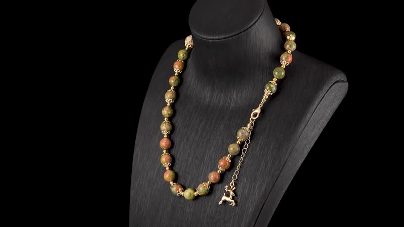Unakite 320.00 ctw Beaded Bracelet (6.50-8.00In) and Necklace 18-20 Inches with Deer Charm in Goldtone
