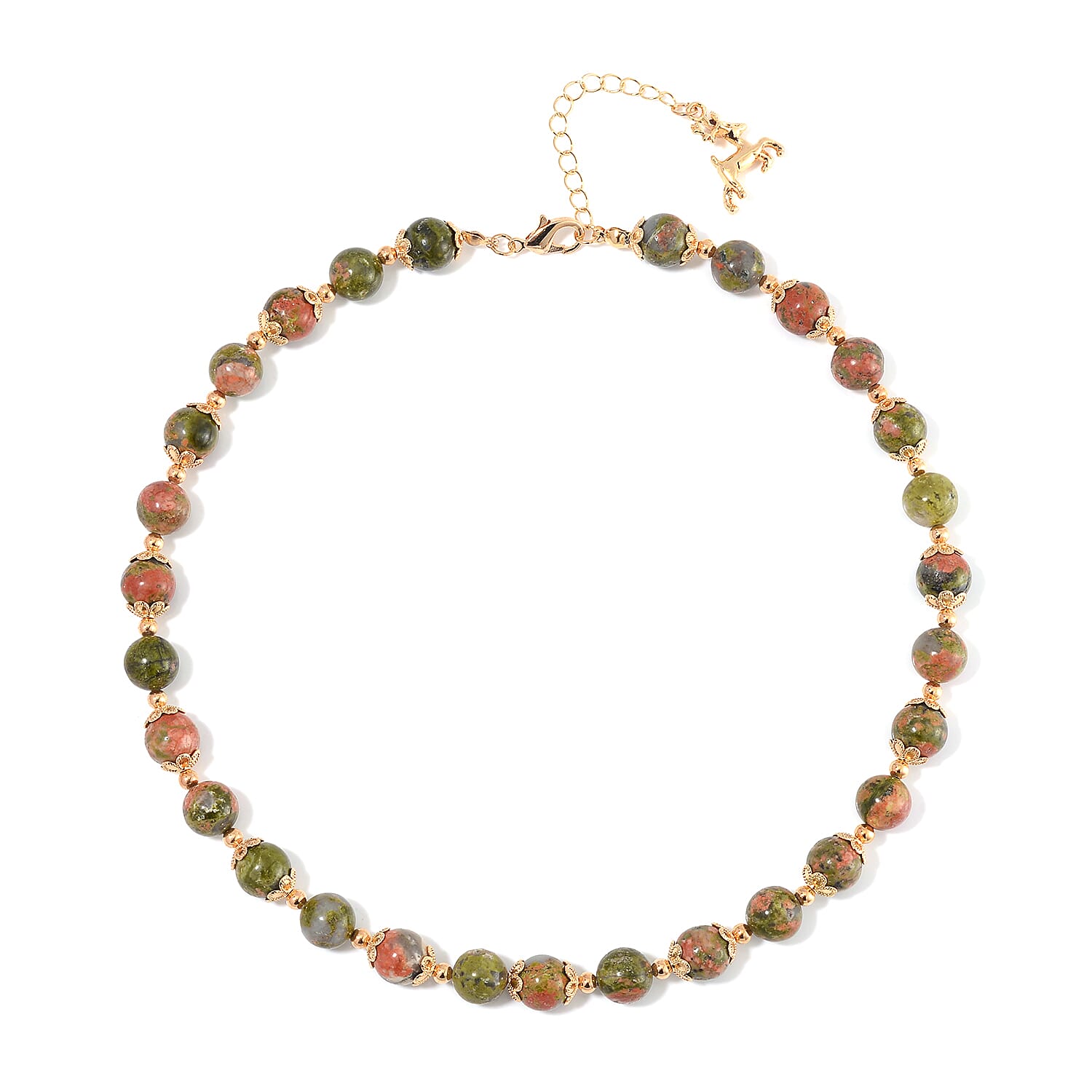Unakite 320.00 ctw Beaded Bracelet (6.50-8.00In) and Necklace 18-20 Inches with Deer Charm in Goldtone