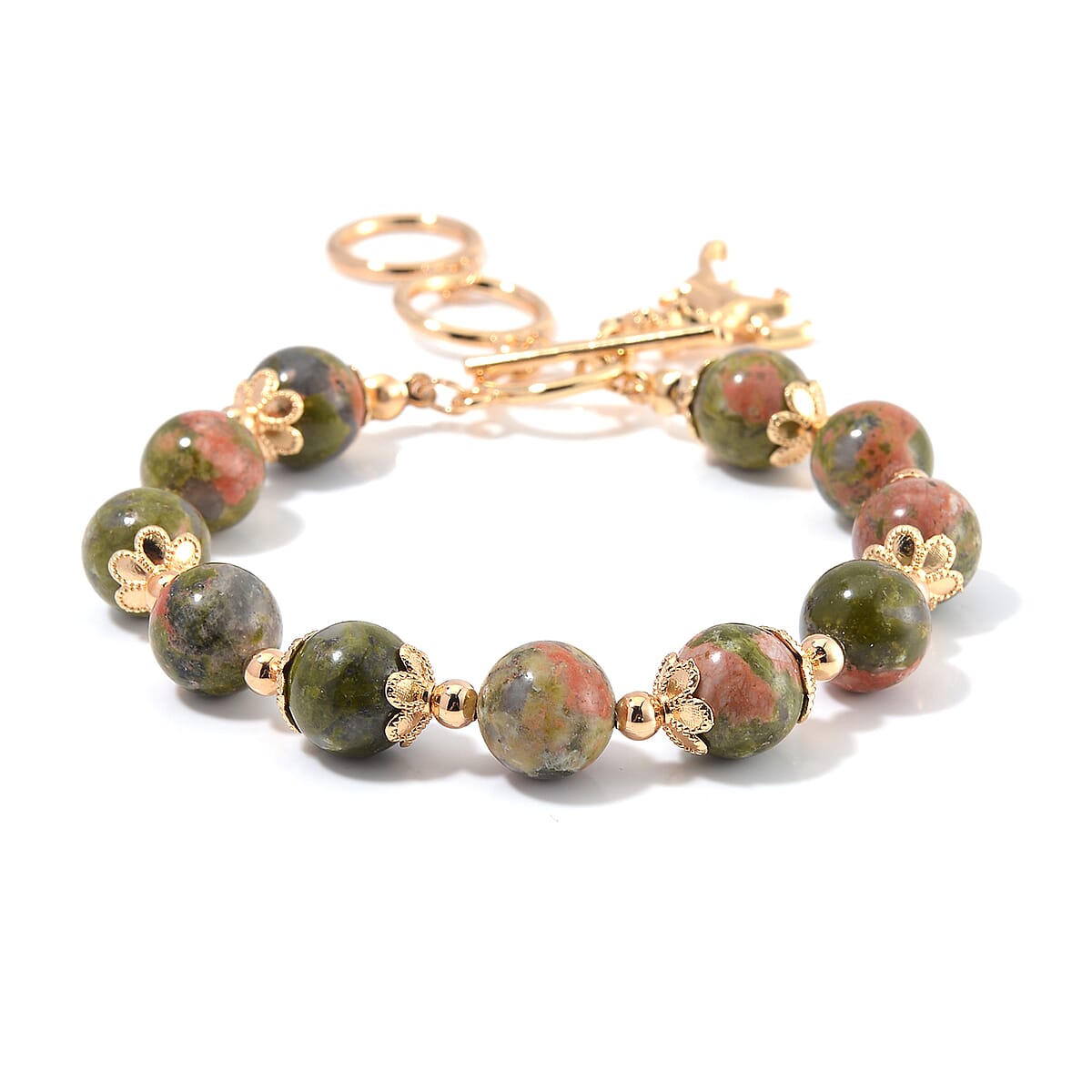 Unakite 320.00 ctw Beaded Bracelet (6.50-8.00In) and Necklace 18-20 Inches with Deer Charm in Goldtone image number 5