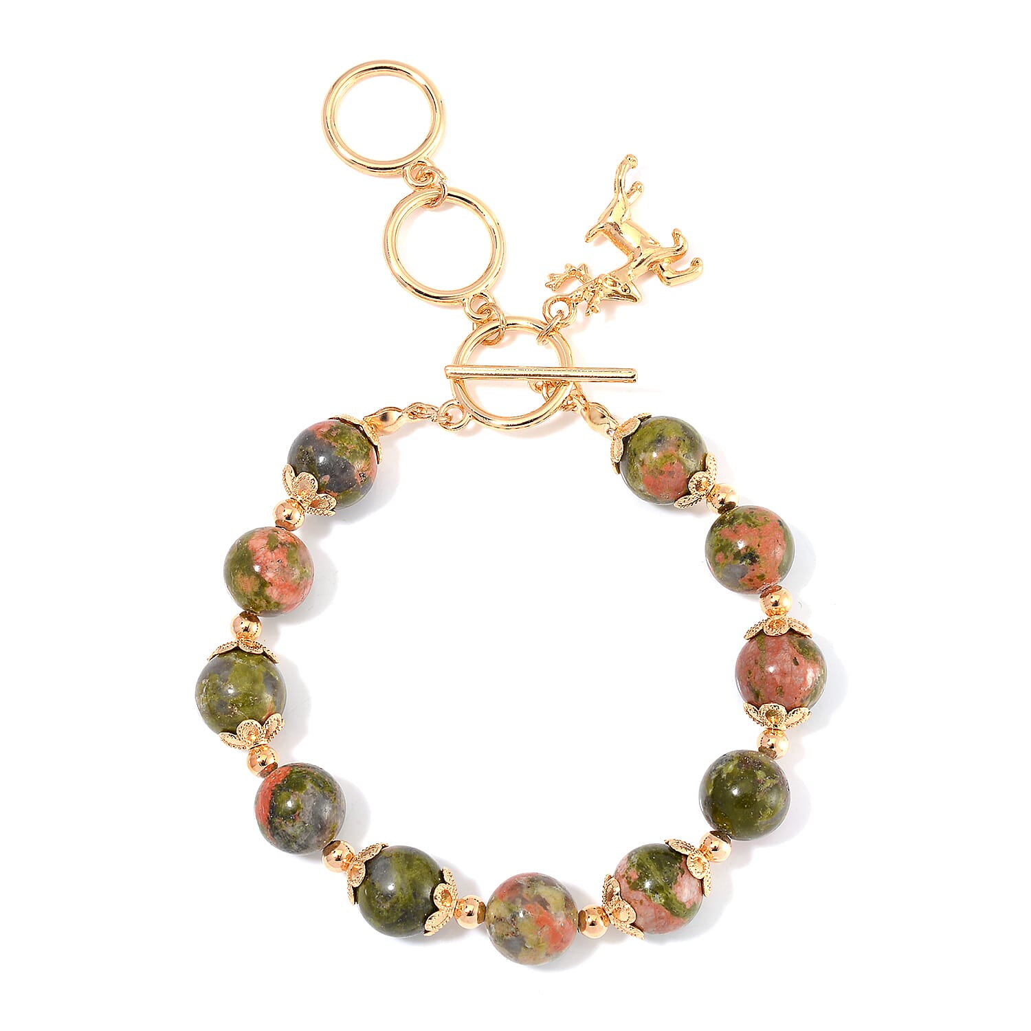 Unakite 320.00 ctw Beaded Bracelet (6.50-8.00In) and Necklace 18-20 Inches with Deer Charm in Goldtone