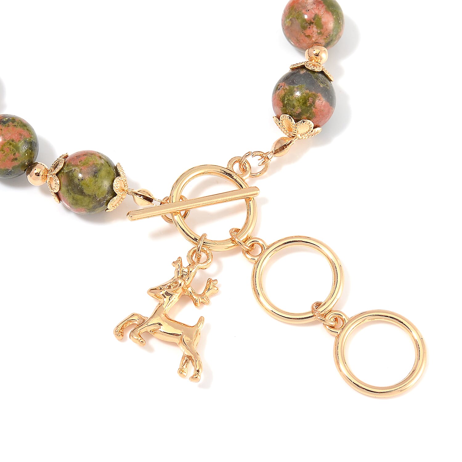 Unakite 320.00 ctw Beaded Bracelet (6.50-8.00In) and Necklace 18-20 Inches with Deer Charm in Goldtone