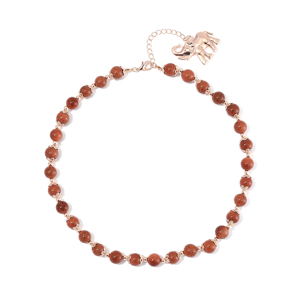 Golden Sunstone 320.00 ctw Beaded Bracelet (6.50-8.00In) and Necklace 18 Inches with Elephant Charm in Rosetone image number 3