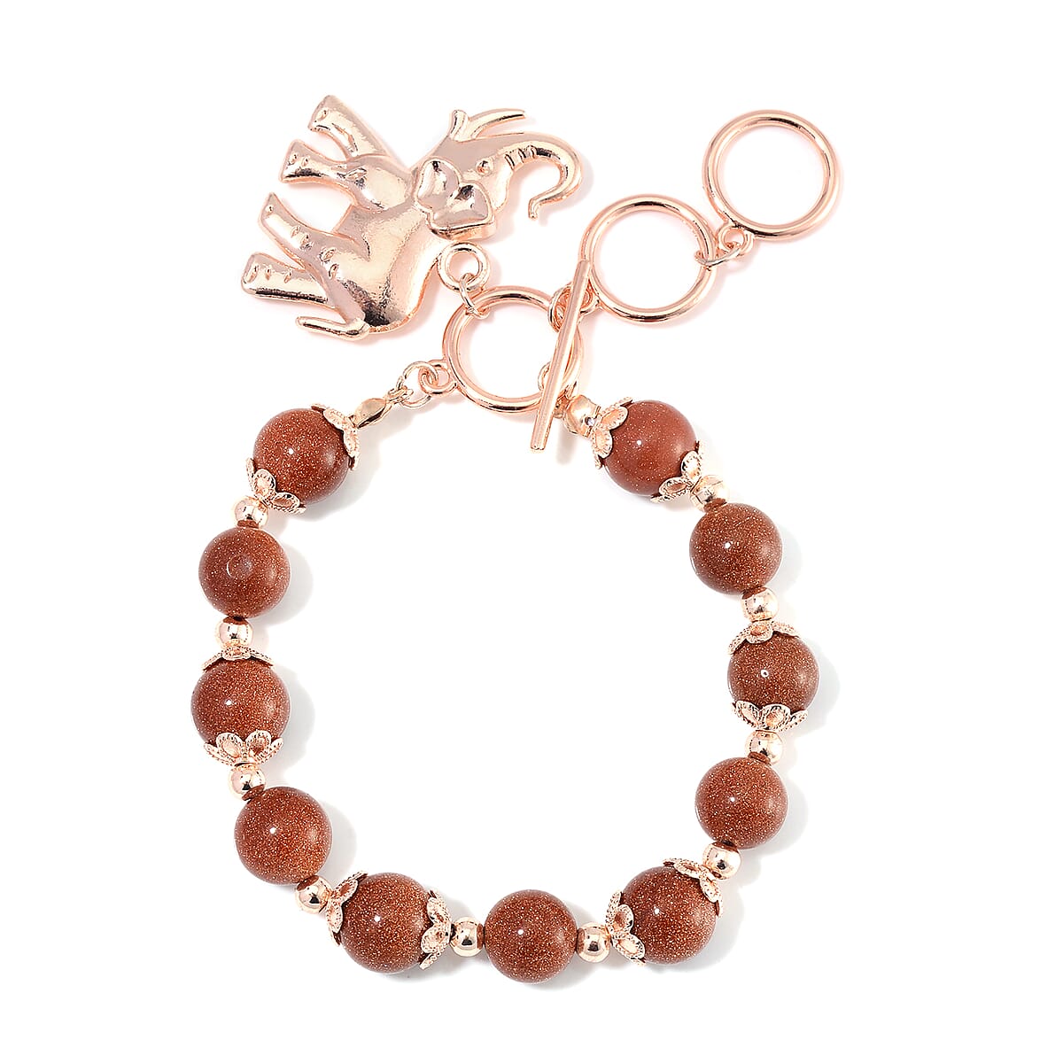 Golden Sunstone 320.00 ctw Beaded Bracelet (6.50-8.00In) and Necklace 18 Inches with Elephant Charm in Rosetone image number 6