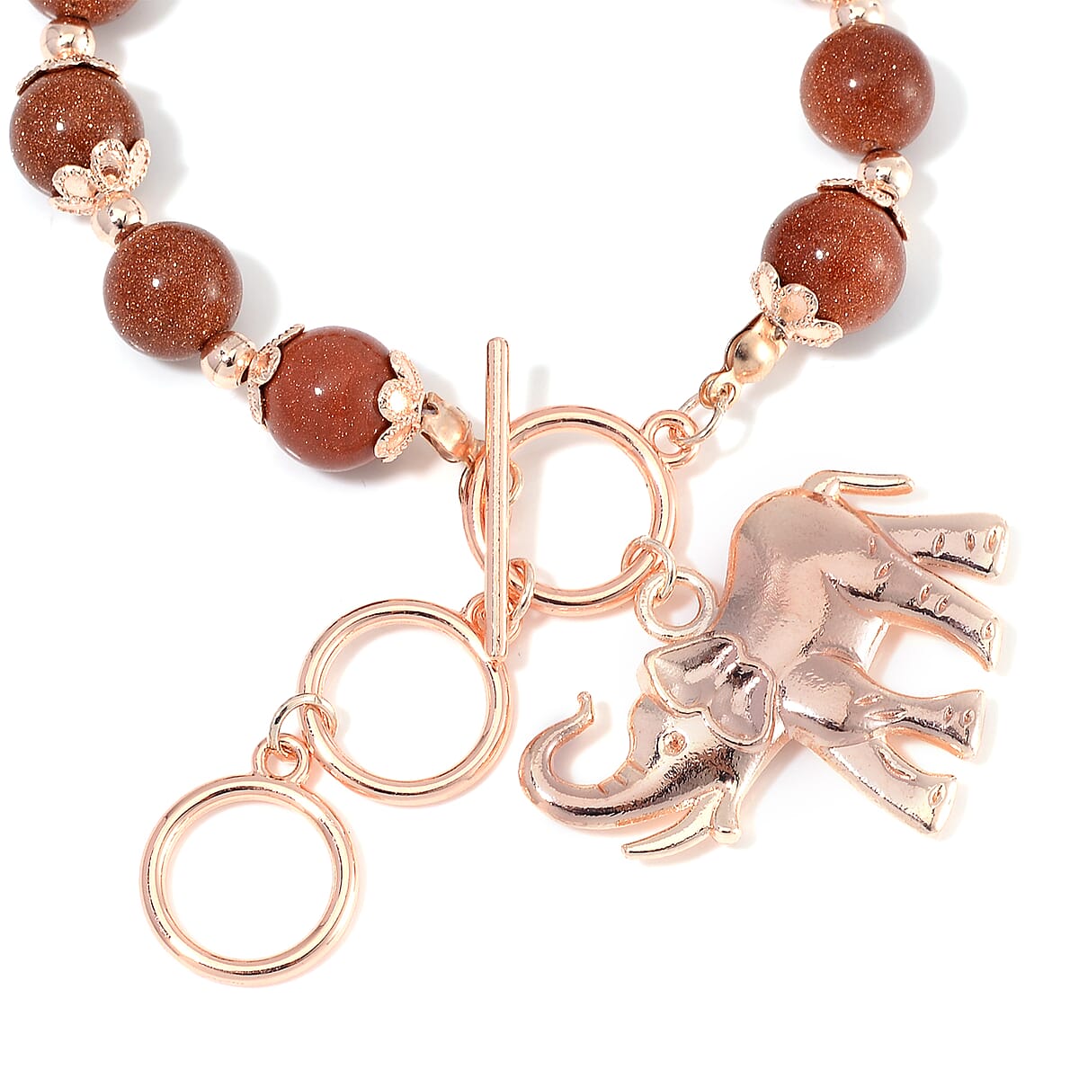 Golden Sunstone 320.00 ctw Beaded Bracelet (6.50-8.00In) and Necklace 18 Inches with Elephant Charm in Rosetone image number 7