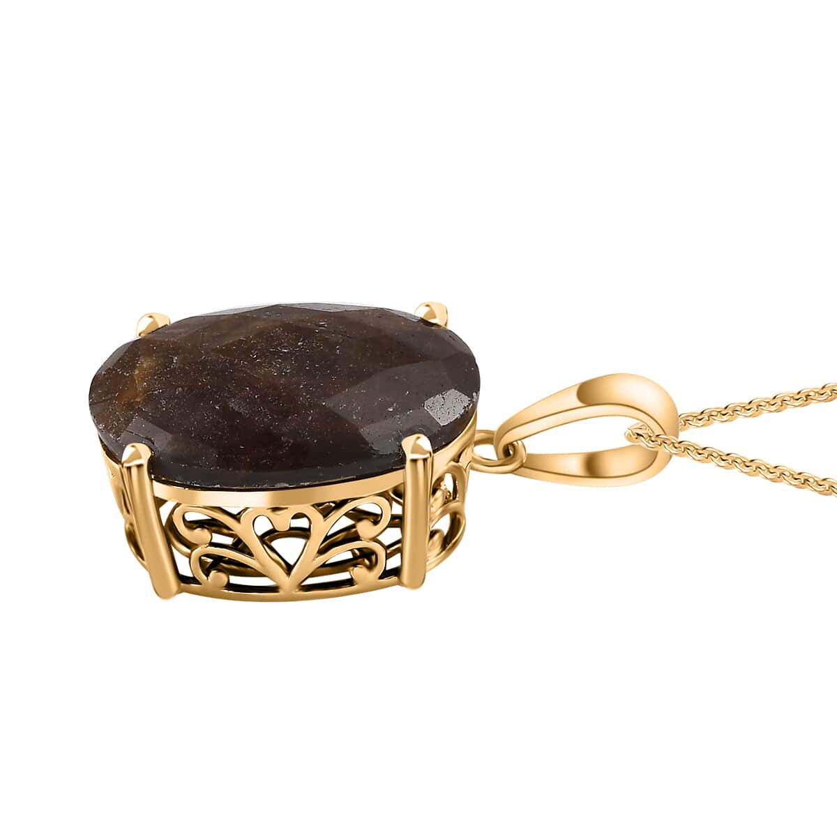 Checkerboard Cut Zawadi Chocolate Sapphire Solitaire Pendant Necklace 20 Inches in 18K Vermeil Yellow Gold Over Sterling Silver 22.65 ctw image number 3