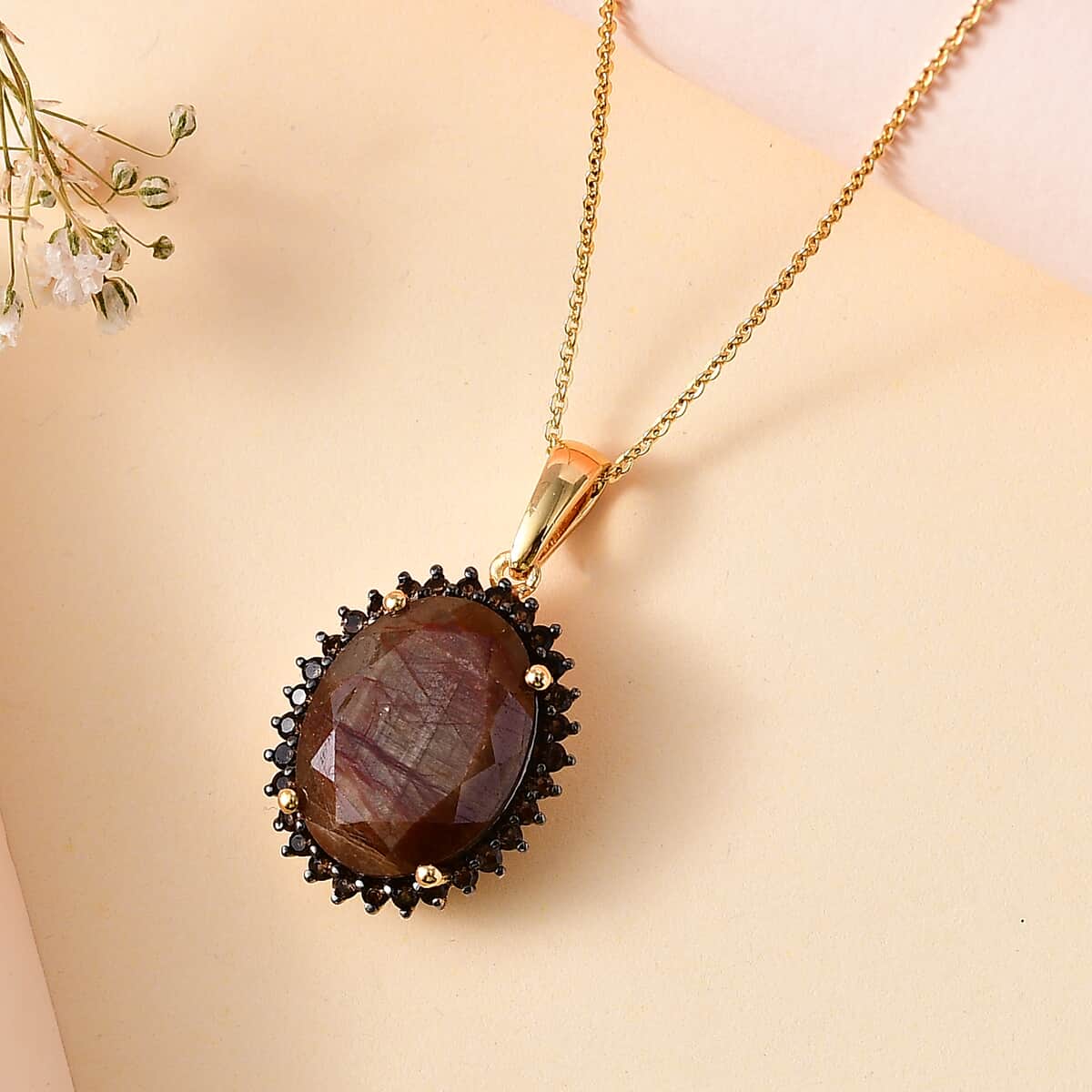 Zawadi Chocolate Sapphire and Brazilian Smoky Quartz Sunburst Pendant Necklace 20 Inches in 18K Vermeil Yellow Gold Over Sterling Silver 13.20 ctw image number 1