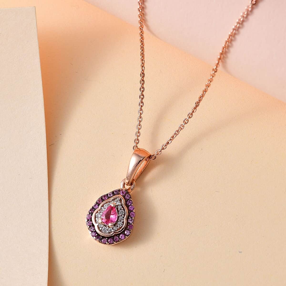 Premium Mahenge Spinel and White Zircon Modern Glamour Pendant Necklace 20 Inches in 18K Vermeil Rose Gold Over Sterling Silver 0.50 ctw image number 1