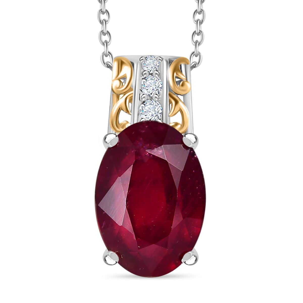 Niassa Ruby (FF) and White Zircon Pendant Necklace 20 Inches in 18K Vermeil YG and Rhodium Over Sterling Silver 10.25 ctw (Del. in 5-7 Days)  image number 0