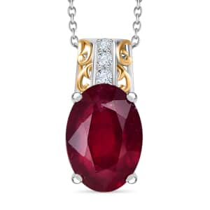 Niassa Ruby (FF) and White Zircon Pendant Necklace 20 Inches in 18K Vermeil YG and Rhodium Over Sterling Silver 9.25 ctw