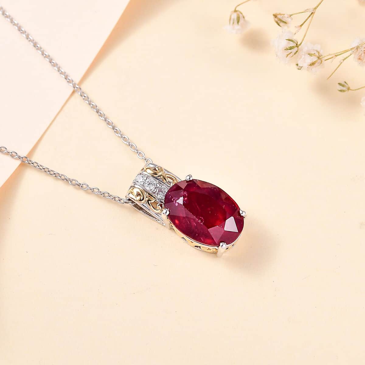 Niassa Ruby (FF) and White Zircon Pendant Necklace 20 Inches in 18K Vermeil YG and Rhodium Over Sterling Silver 10.25 ctw (Del. in 5-7 Days)  image number 1